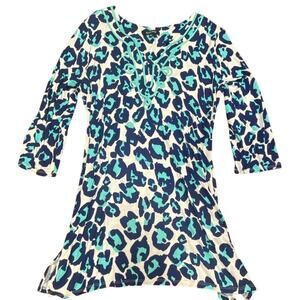 Ellen Tracy Blue Leopard Print Tunic Top Size L – Boho 3/4 Sleeve Blouse